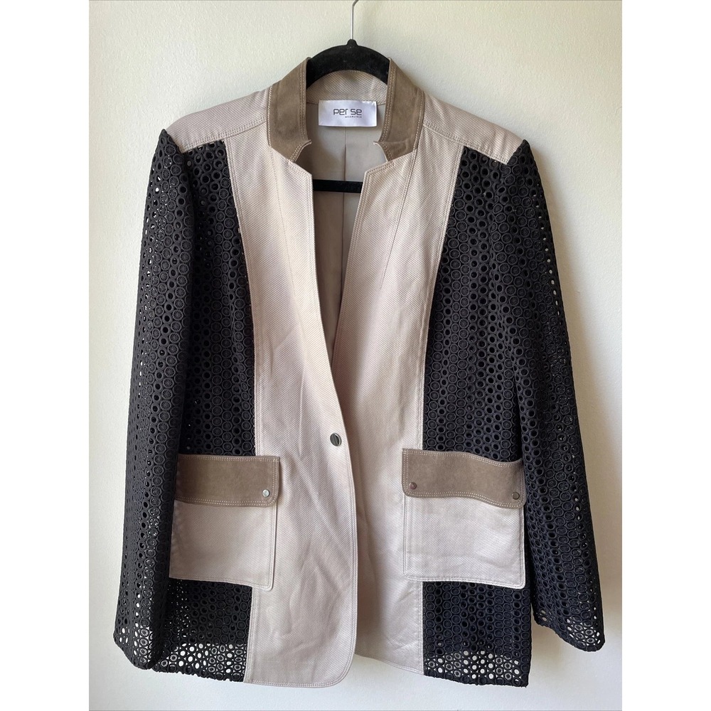 Per Se by Carlisle Blazer Women Size 8 Beige Black Eyelet Mesh Colorblock Jacket